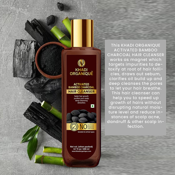 Khadi Organique Activated Bamboo Charcoal Hair Cleanser/Shampoo - SLS And Paraben Free-200 ml