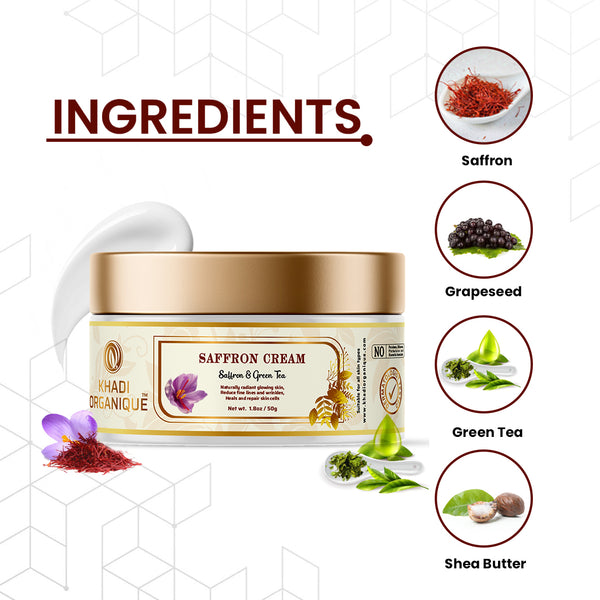 Khadi Organique Saffron Cream For Skin Brightening, Radiant Glow & Dark Spots (Paraben Free & No Harmful Chemicals) 50 gm