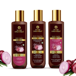 Khadi Organique Red Onion Hair Oil,Hair Cleanser(Shampoo) & Conditioner Combo Kit(600ml)