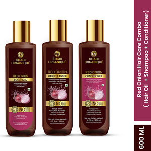 Khadi Organique Red Onion Hair Oil,Hair Cleanser(Shampoo) & Conditioner Combo Kit(600ml)
