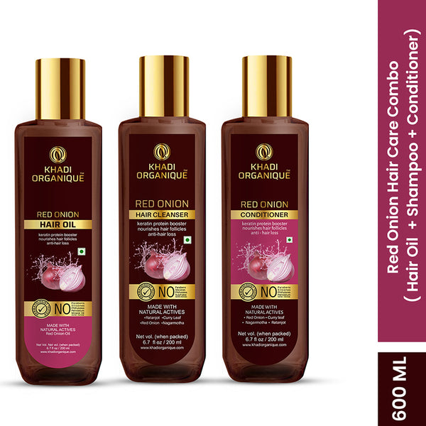 Khadi Organique Red Onion Hair Oil,Hair Cleanser(Shampoo) & Conditioner Combo Kit(600ml)