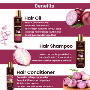 Khadi Organique Red Onion Hair Oil,Hair Cleanser(Shampoo) & Conditioner Combo Kit(600ml)