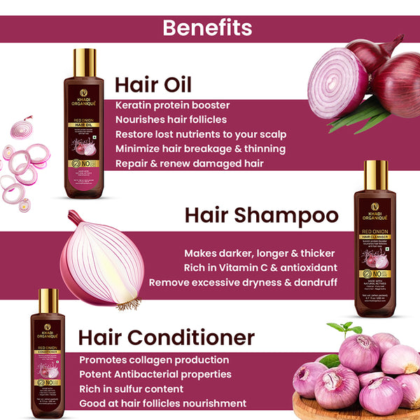 Khadi Organique Red Onion Hair Oil,Hair Cleanser(Shampoo) & Conditioner Combo Kit(600ml)