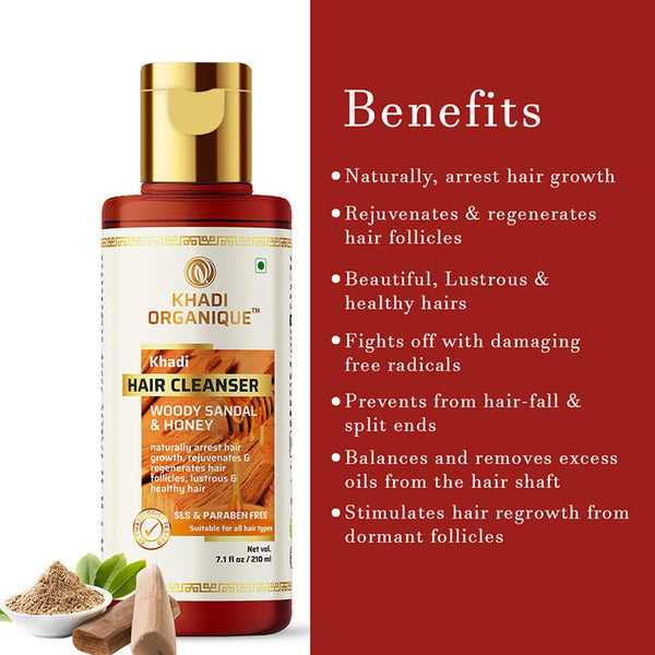 Khadi Organique Woody Sandal & Honey Hair Cleanser (Shampoo) - SLS And Paraben Free - 210ml