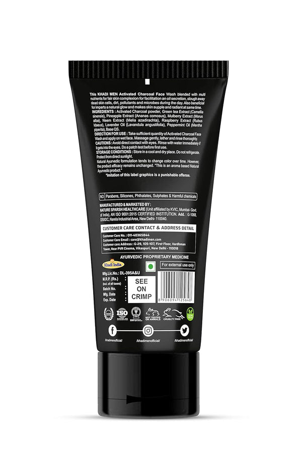 Khadi Men Activated Charcoal Face Wash - Deep Cleansing & Detoxifying Formula for Oily & Acne-Prone Skin - 100ML