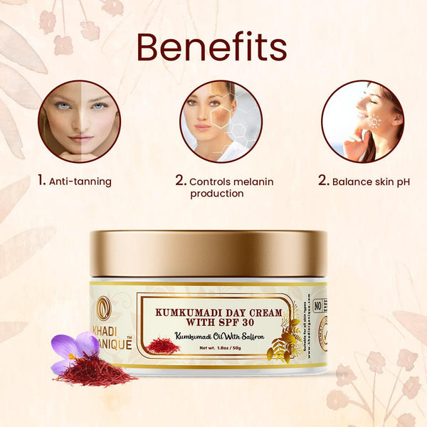 Khadi Organique Kumkumadi Day Cream With SPF 30 For Natural Skin Brightening - 50GM - khadiorganique