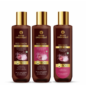 Khadi Organique Red Onion Hair Oil,Hair Cleanser(Shampoo) & Conditioner Combo Kit(600ml)
