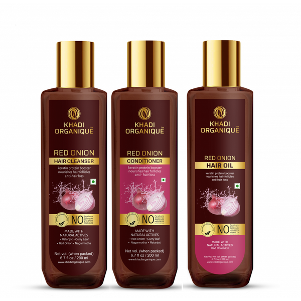Khadi Organique Red Onion Hair Oil,Hair Cleanser(Shampoo) & Conditioner Combo Kit(600ml)