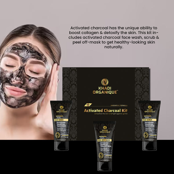 Khadi Organique Activated Charcoal Face Wash, Scrub & Peel Off Mask Gift Kit
