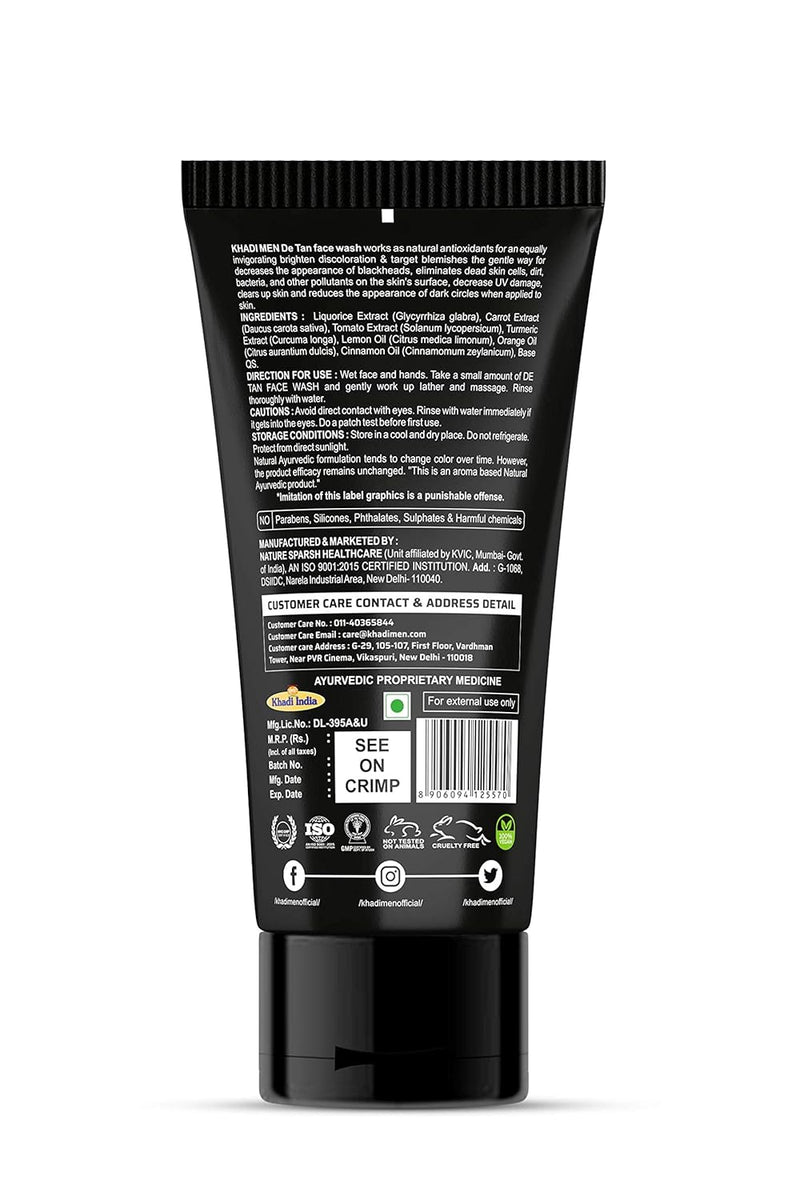 Khadi Men De-Tan Face Wash - Natural Ingredients for Radiant Skin - Deep Cleansing & Anti-Tan Formula - 100ML