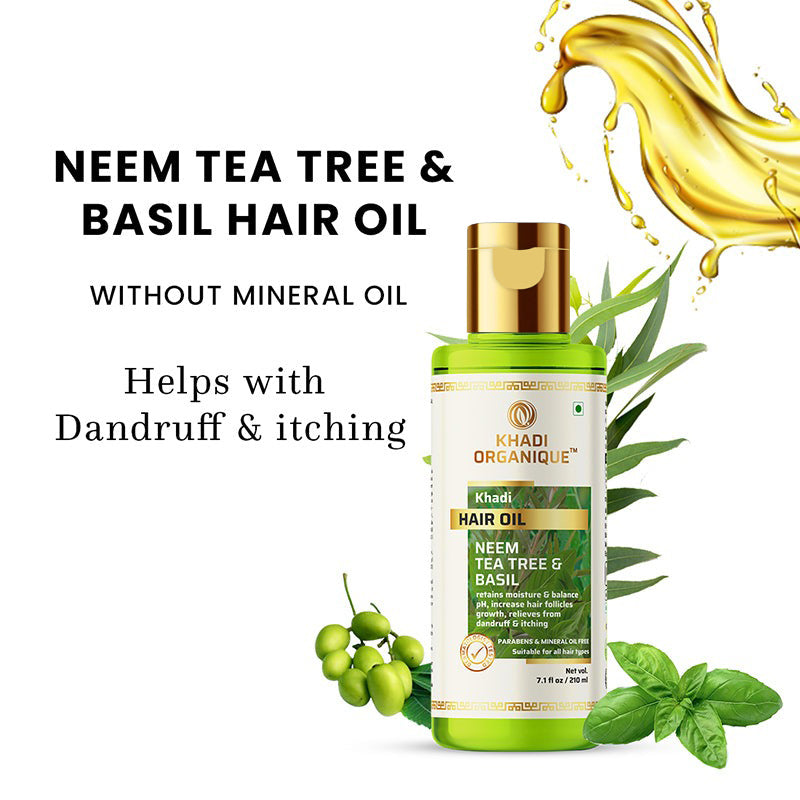 Khadi Organique Neem Tea Tree & Basil Hair Oil Paraben Mineral Oil Free -210ml