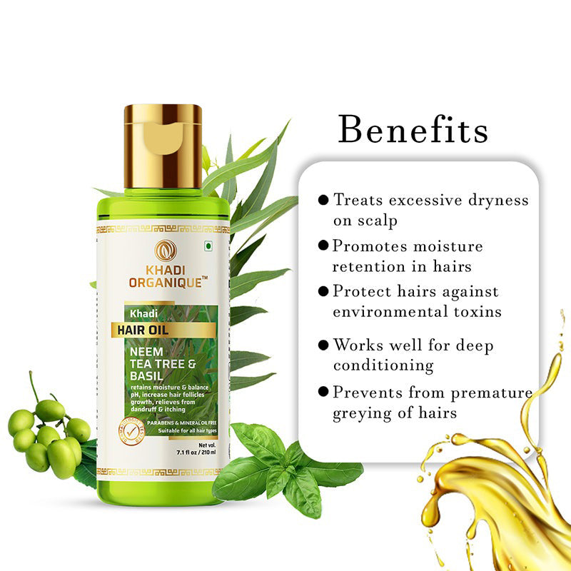 Khadi Organique Neem Tea Tree & Basil Hair Oil Paraben Mineral Oil Free -210ml