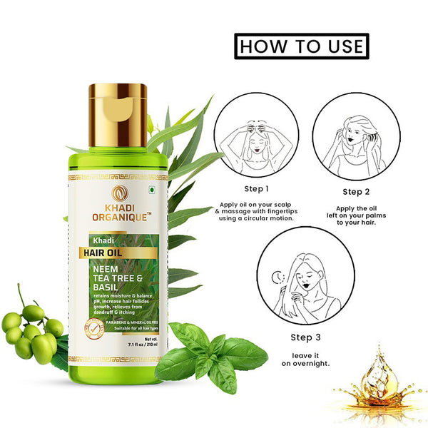 Khadi Organique Neem Tea Tree & Basil Hair Oil Paraben Mineral Oil Free -210ml