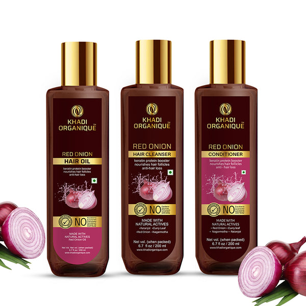 Khadi Organique Red Onion Hair Oil,Hair Cleanser(Shampoo) & Conditioner Combo Kit(600ml)