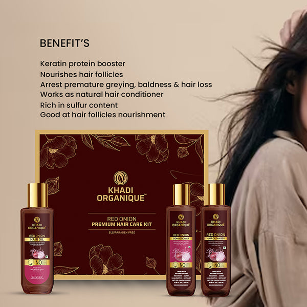 Khadi Organique Red Onion Hair Oil, Cleanser & Conditioner Gift Kit(300ml)