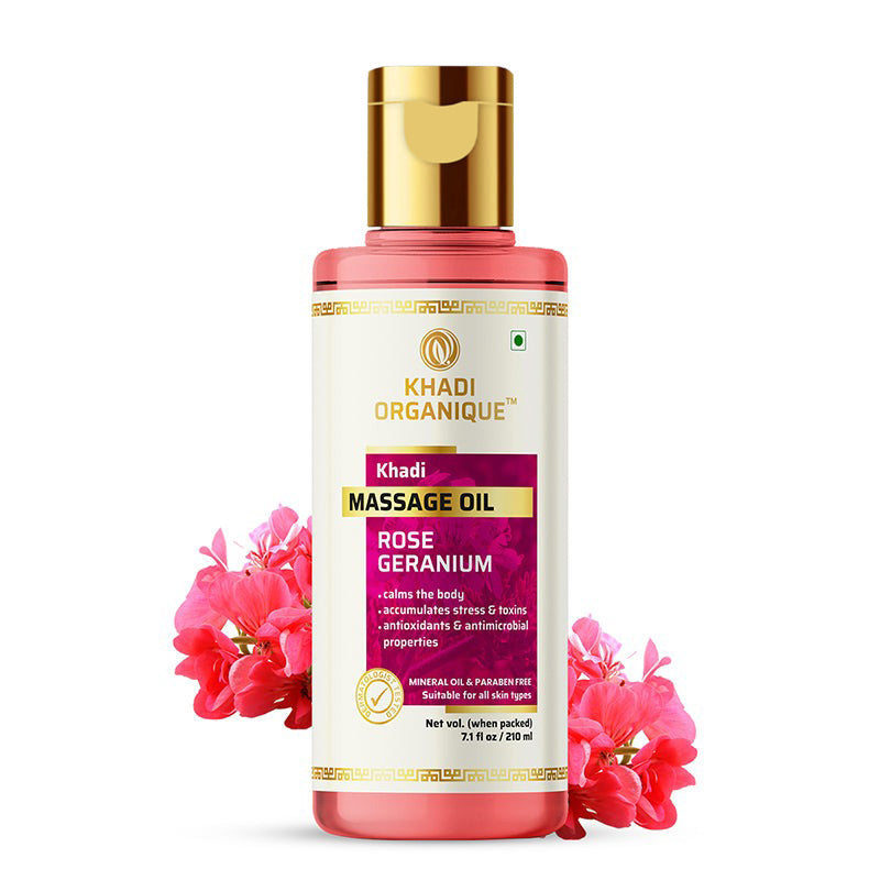 Khadi Organique Rose Geranium Massage Oil Paraben Mineral Oil Free - 210ml