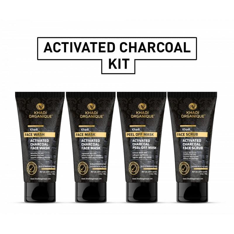 Khadi Organique Activated Charcoal Face Wash, Scrub, Mask & Peel Off Mask Combo Kit