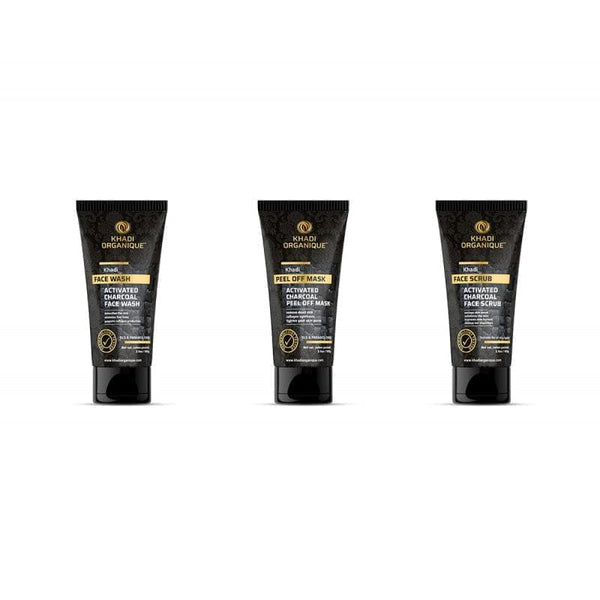 Khadi Organique Activated Charcoal Face Wash, Scrub & Peel Off Mask Gift Kit