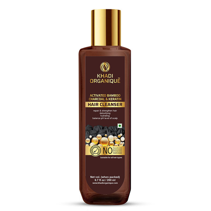 Khadi Organique Activated Bamboo Charcoal & Keratin Hair Cleanser/Shampoo - SLS And Paraben Free-200 ml