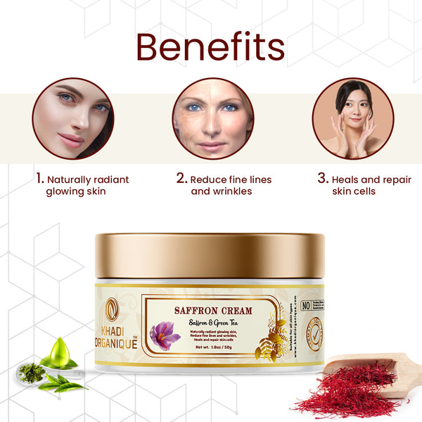 Khadi Organique Saffron Cream For Skin Brightening, Radiant Glow & Dark Spots (Paraben Free & No Harmful Chemicals) 50 gm
