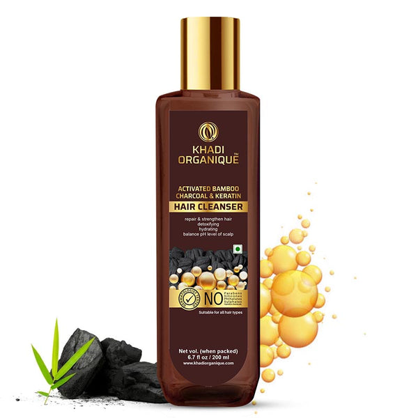 Khadi Organique Activated Bamboo Charcoal & Keratin Hair Cleanser/Shampoo - SLS And Paraben Free-200 ml