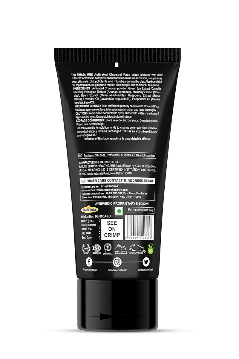 Khadi Men Activated Charcoal Face Wash - Deep Cleansing & Detoxifying Formula for Oily & Acne-Prone Skin - 100ML
