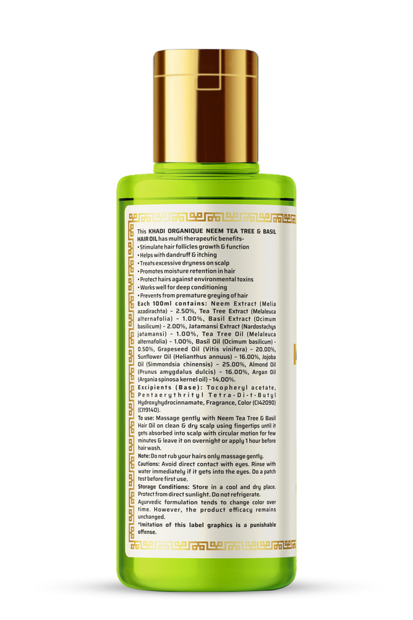 Khadi Organique Neem Tea Tree & Basil Hair Oil Paraben Mineral Oil Free -210ml