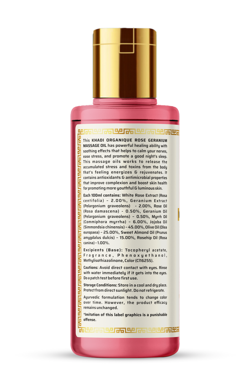 Khadi Organique Rose Geranium Massage Oil Paraben Mineral Oil Free - 210ml