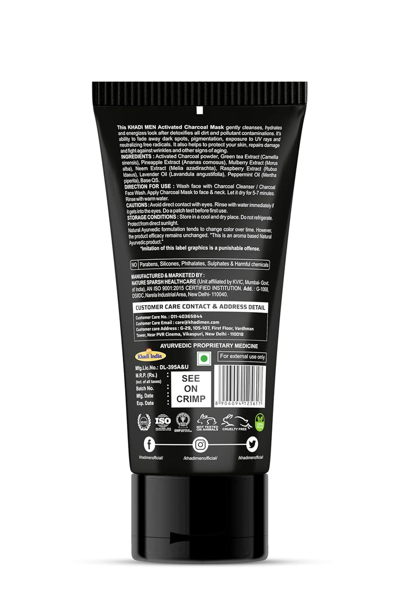 Khadi Men Activated Charcoal Face Mask for Men with Vitamin E for Deep Pore Cleansing, Removing Blackheads | Detoxifying Charcoal Mask for Men | Paraben & Sulphate Free - 100gm
