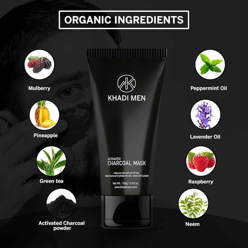Khadi Men Activated Charcoal Face Mask for Men with Vitamin E for Deep Pore Cleansing, Removing Blackheads | Detoxifying Charcoal Mask for Men | Paraben & Sulphate Free - 100gm