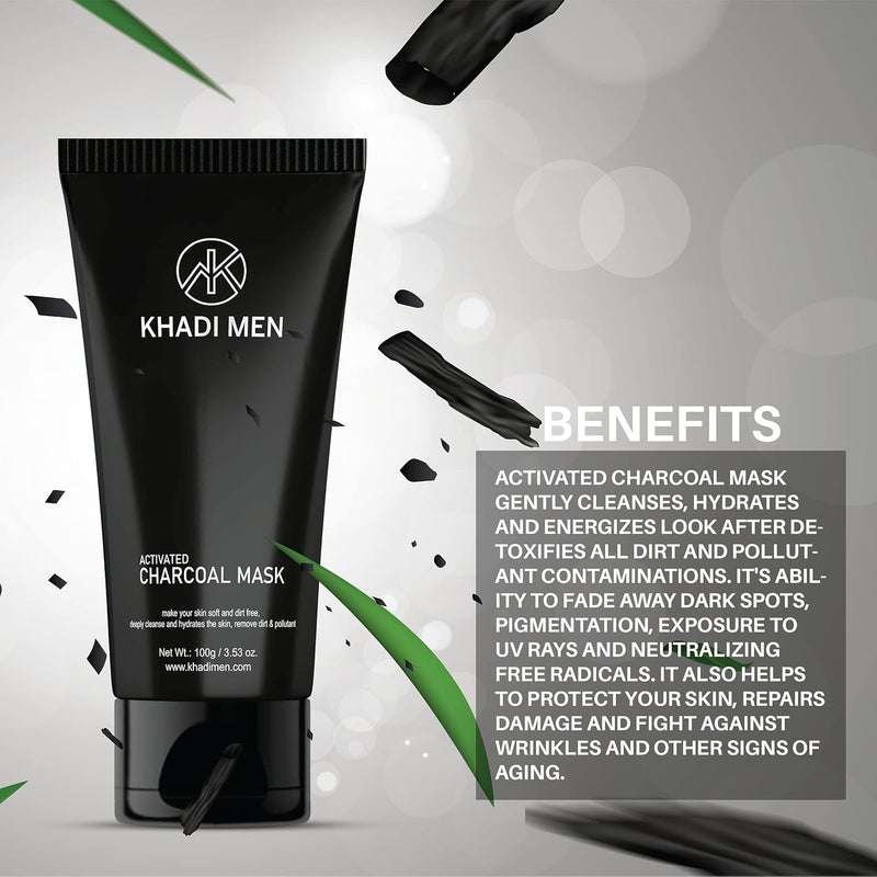 Khadi Men Activated Charcoal Face Mask for Men with Vitamin E for Deep Pore Cleansing, Removing Blackheads | Detoxifying Charcoal Mask for Men | Paraben & Sulphate Free - 100gm