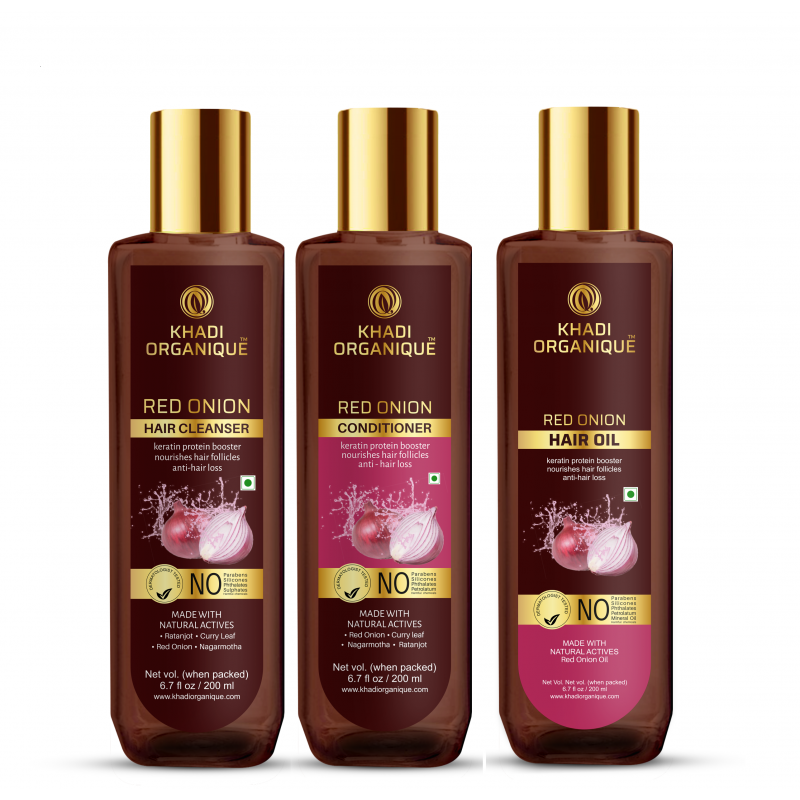 Khadi Organique Red Onion Hair Oil,Hair Cleanser(Shampoo) & Conditioner Combo Kit(600ml)