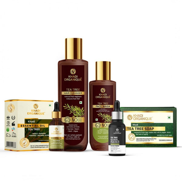 Khadi Organique Tea Tree Combo Pack (Face Wash, Hair Cleanser, Essential Oil, Soap And Tea Tree Face Serum)